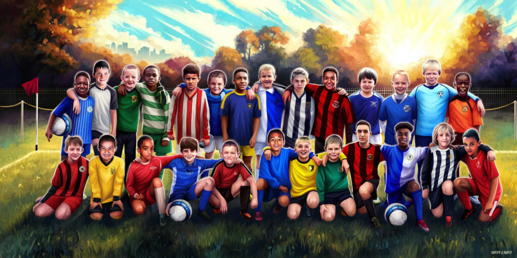 A mural of England players as children in a team photograph, illustrated by Harry G Ward.